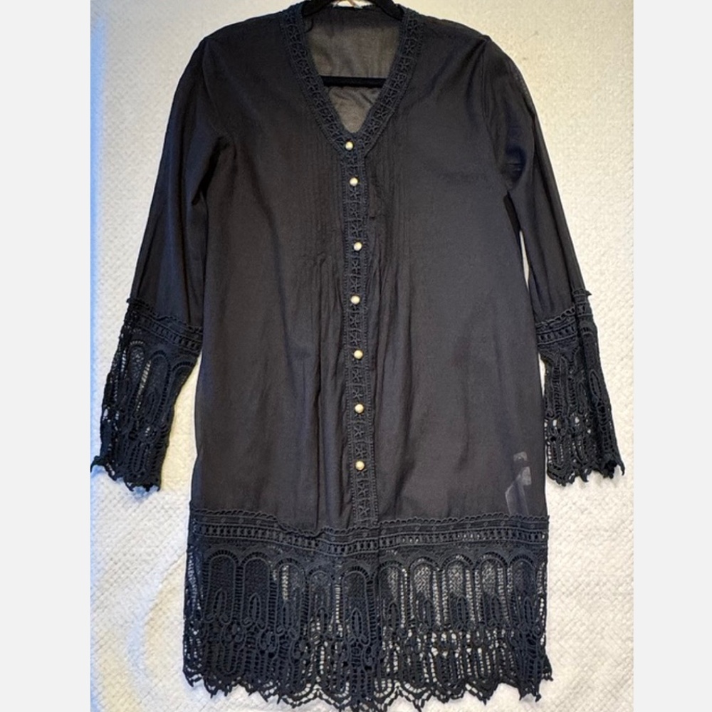 Splash Swim Cover-Up Tunic (16) Sheer Black Lace-Sleeves Tie-Back Beach Resort